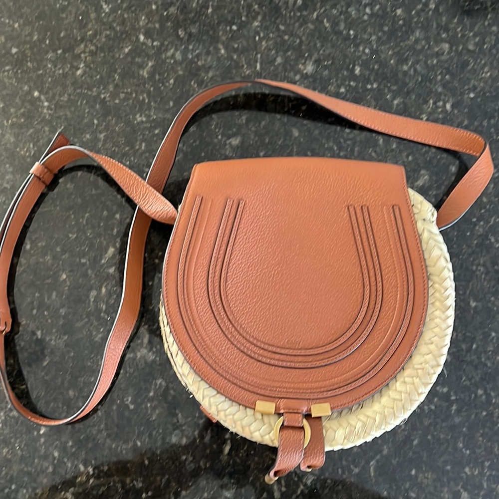 Authentic Chloe Marcie Raffia & Leather Crossbody Bag
